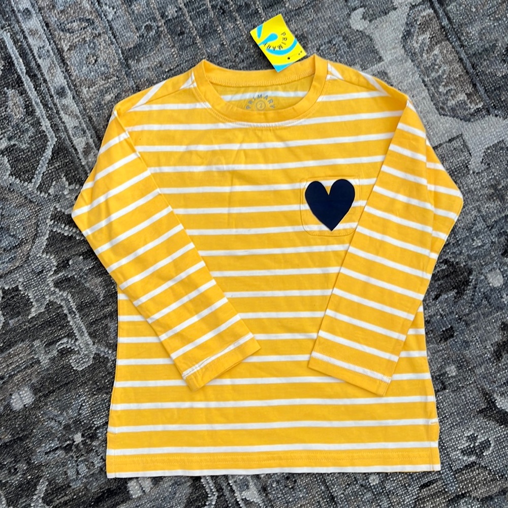 Primary long sleeve yellow striped heart tunic Sz 2 NWT